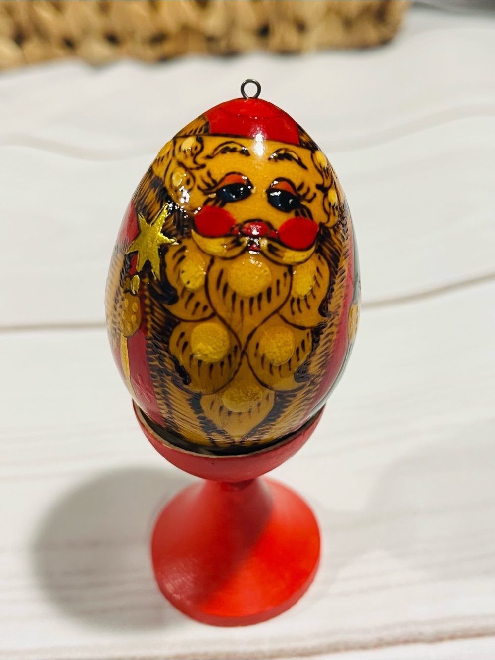 Russian Hand-Painted Wooden Santa Egg Ornament - Red & Gold